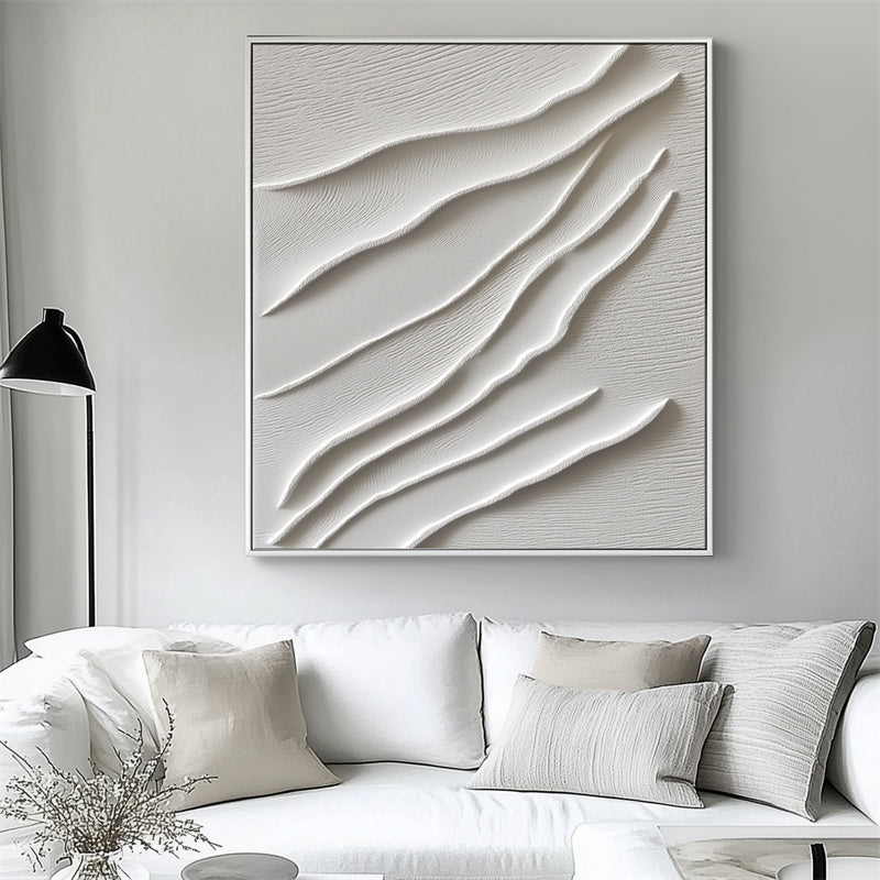 Serene Waves-Minimalist Abstract Oil Painting Wall Art with 3D White Wave Lines