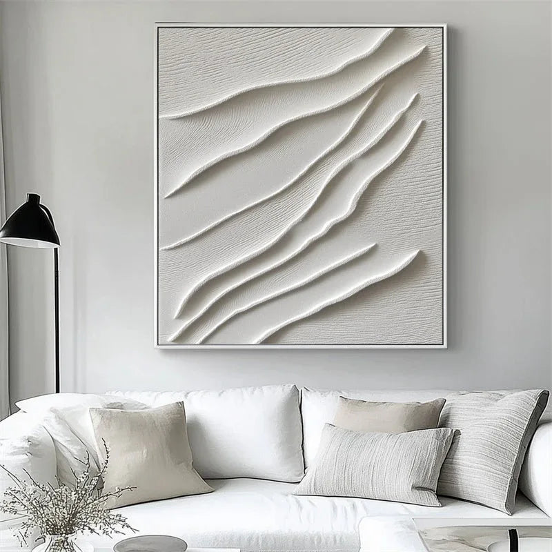 Serene Waves-Minimalist Abstract Oil Painting Wall Art with 3D White Wave Lines - artextured