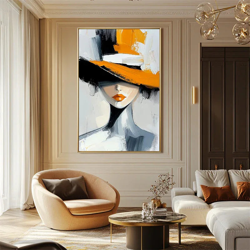 Golden Grace Portrait Canvas-Geometric Wide brimmed Hat Female Abstract Oil Painting Wall Art - artextured