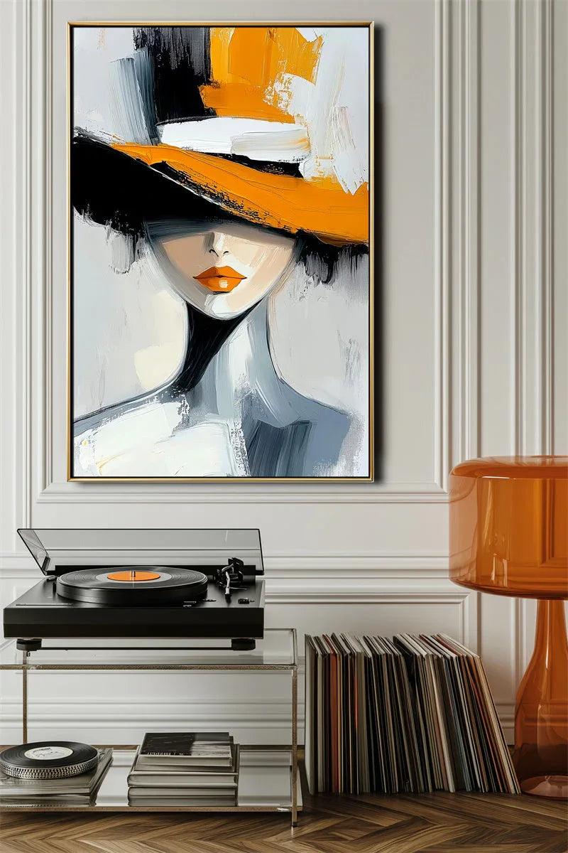 Golden Grace Portrait Canvas-Geometric Wide brimmed Hat Female Abstract Oil Painting Wall Art - artextured