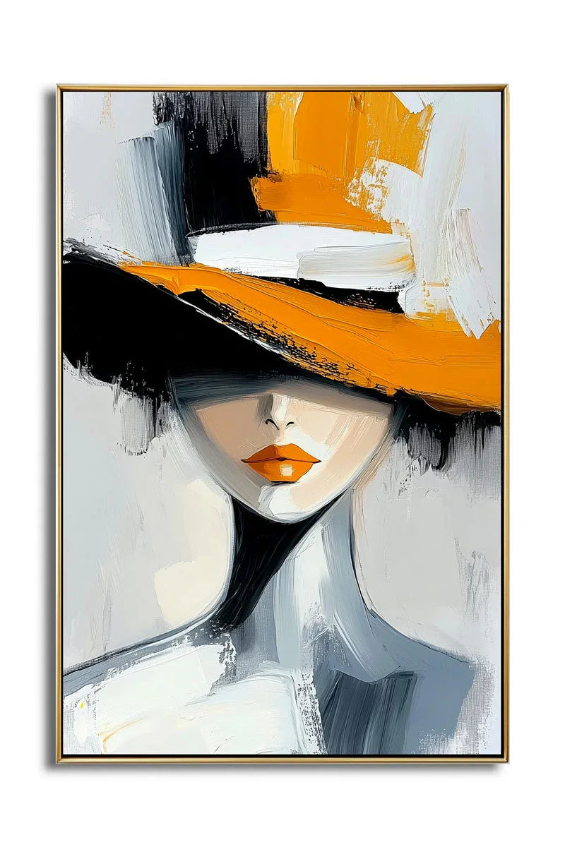 Golden Grace Portrait Canvas-Geometric Wide brimmed Hat Female Abstract Oil Painting Wall Art - artextured