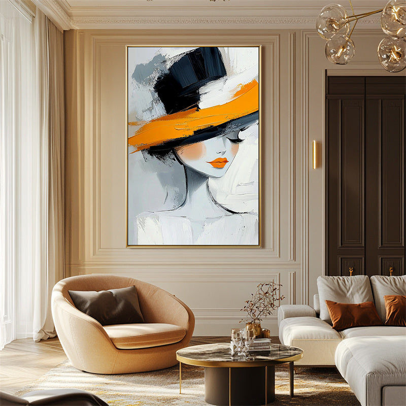 Abstract Portrait Wall Art - Elegant Woman with Hat in Modern Style