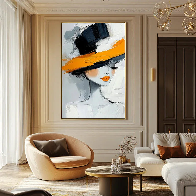 Abstract Portrait Wall Art - Elegant Woman with Hat in Modern Style - artextured