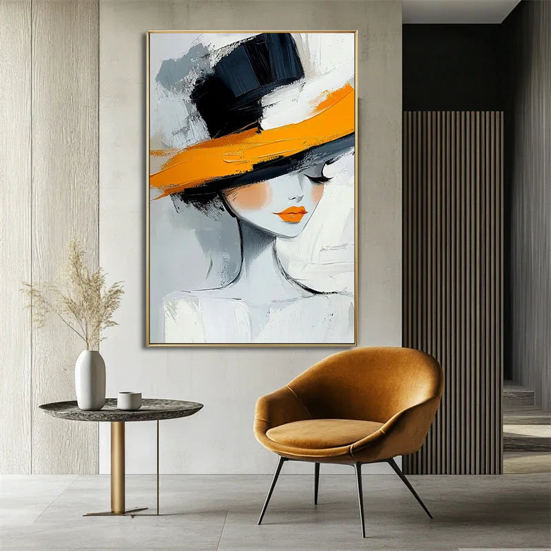 Abstract Portrait Wall Art - Elegant Woman with Hat in Modern Style - artextured