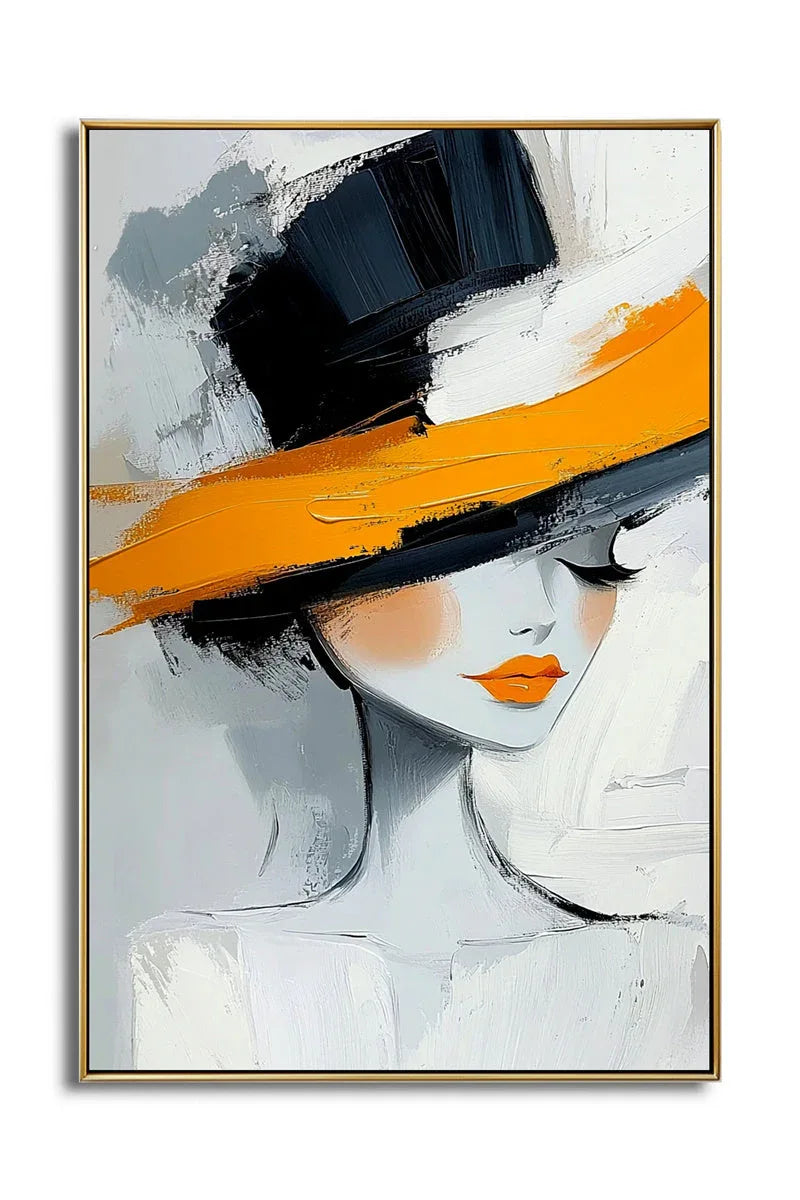 Abstract Portrait Wall Art - Elegant Woman with Hat in Modern Style - artextured