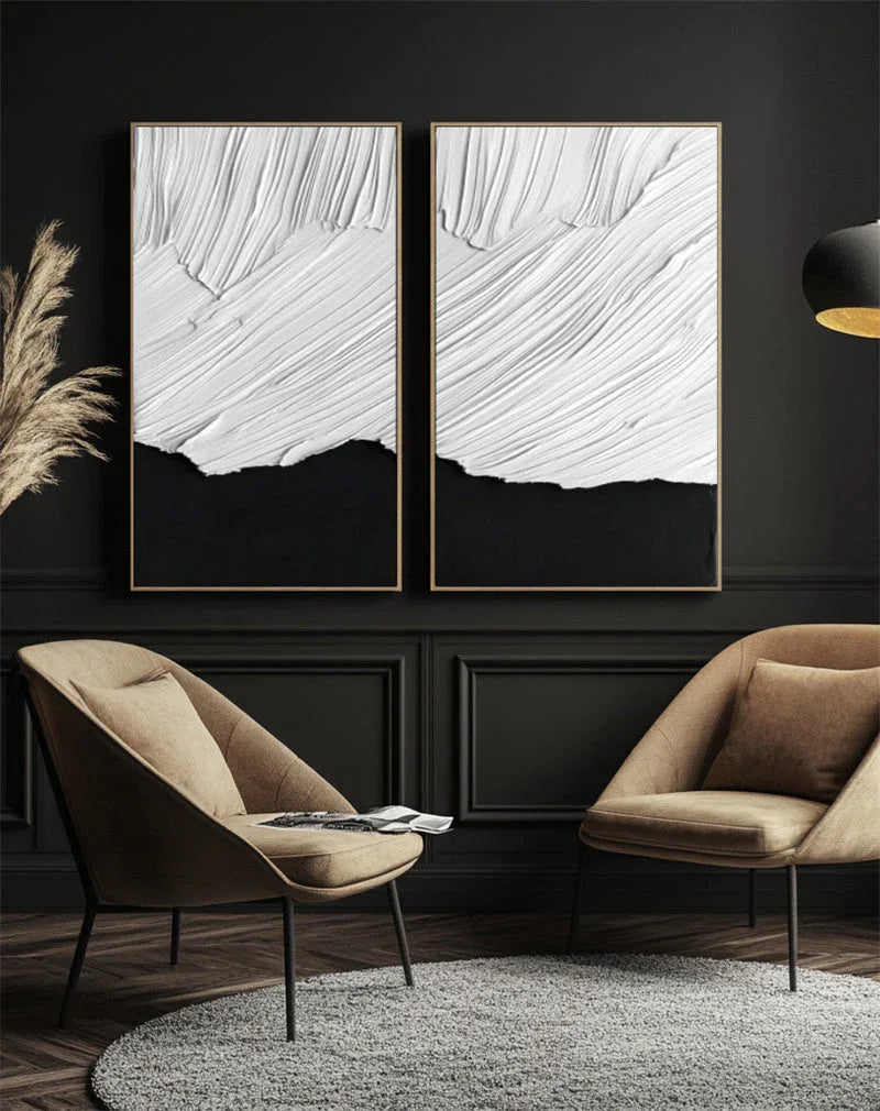 Duality in Textured Harmony-Double Layered White Wave Pattern Black Background Abstract Wall Art - artextured