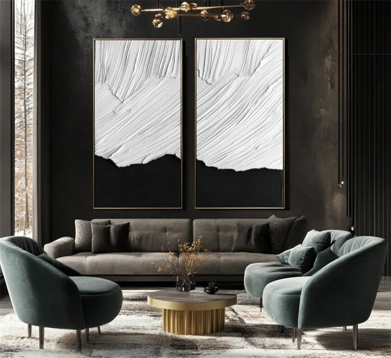 Duality in Textured Harmony-Double Layered White Wave Pattern Black Background Abstract Wall Art - artextured