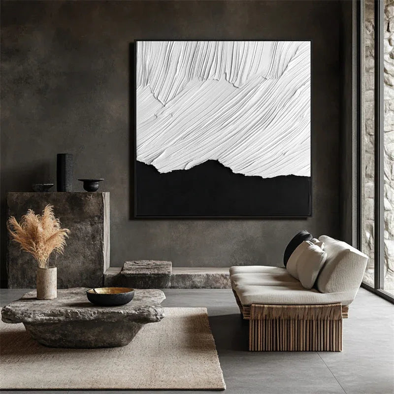 Dynamic Contrast-Modern Three-Dimensional Wabi Sabi Style Black and White Mountain Textured Wall Art - artextured