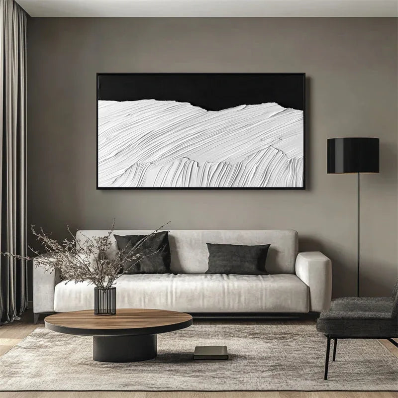 Monochrome Horizon in Texture-Hand Drawn Abstract Wall Art With Layered Black and White Textures and Wave Patterns - artextured