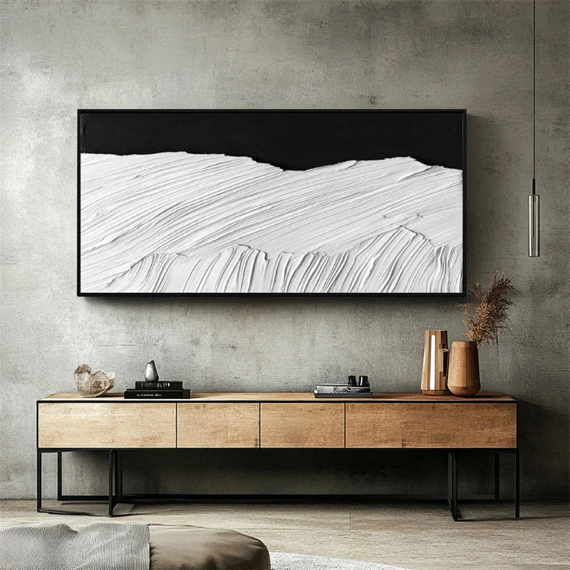 Monochrome Horizon in Texture-Hand Drawn Abstract Wall Art With Layered Black and White Textures and Wave Patterns - artextured