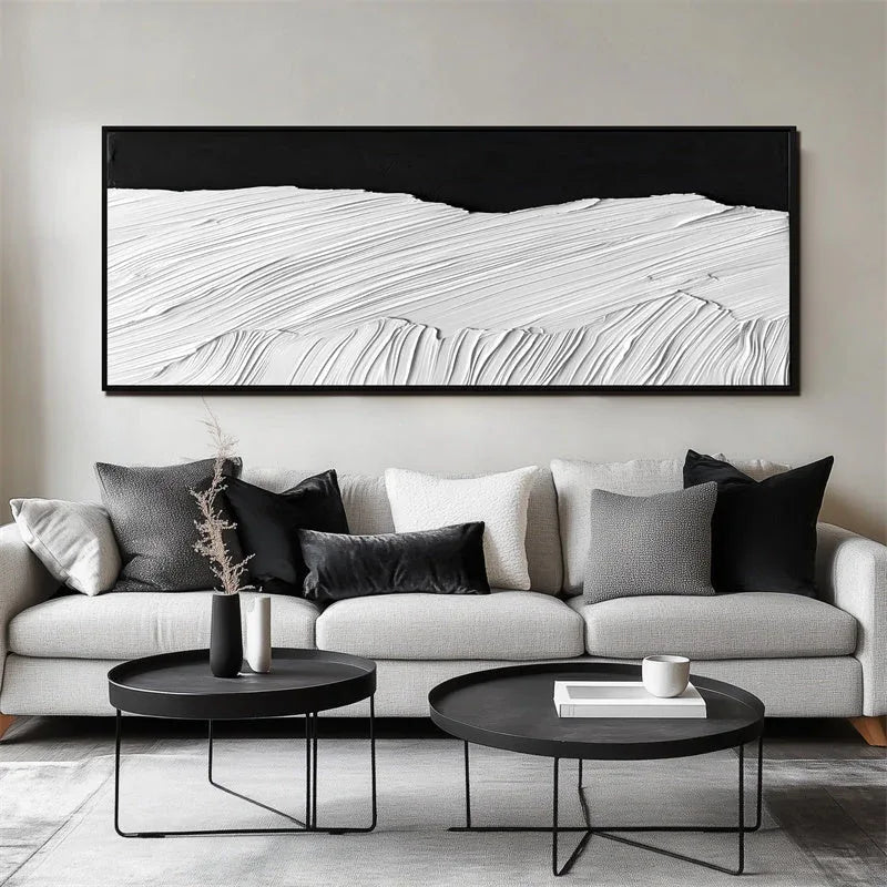 Monochrome Horizon in Texture-Hand Drawn Abstract Wall Art With Layered Black and White Textures and Wave Patterns - artextured