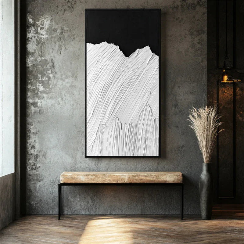 Monochrome Ridge-Minimalist Style Abstract White Mountain Black and White Contrast Oil Painting Wall Art - artextured