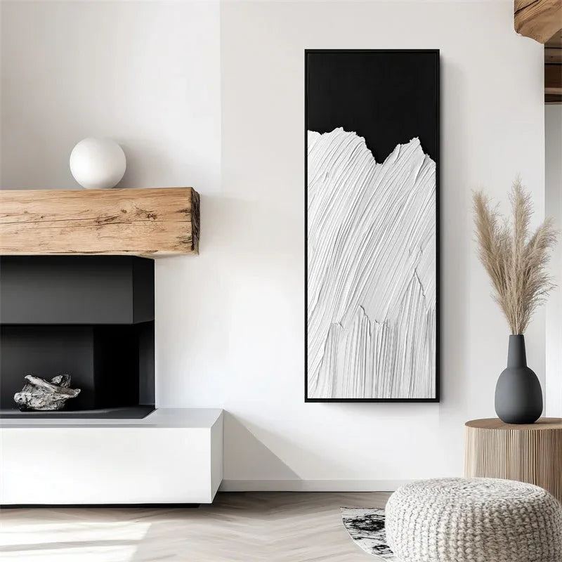 Monochrome Ridge-Minimalist Style Abstract White Mountain Black and White Contrast Oil Painting Wall Art - artextured
