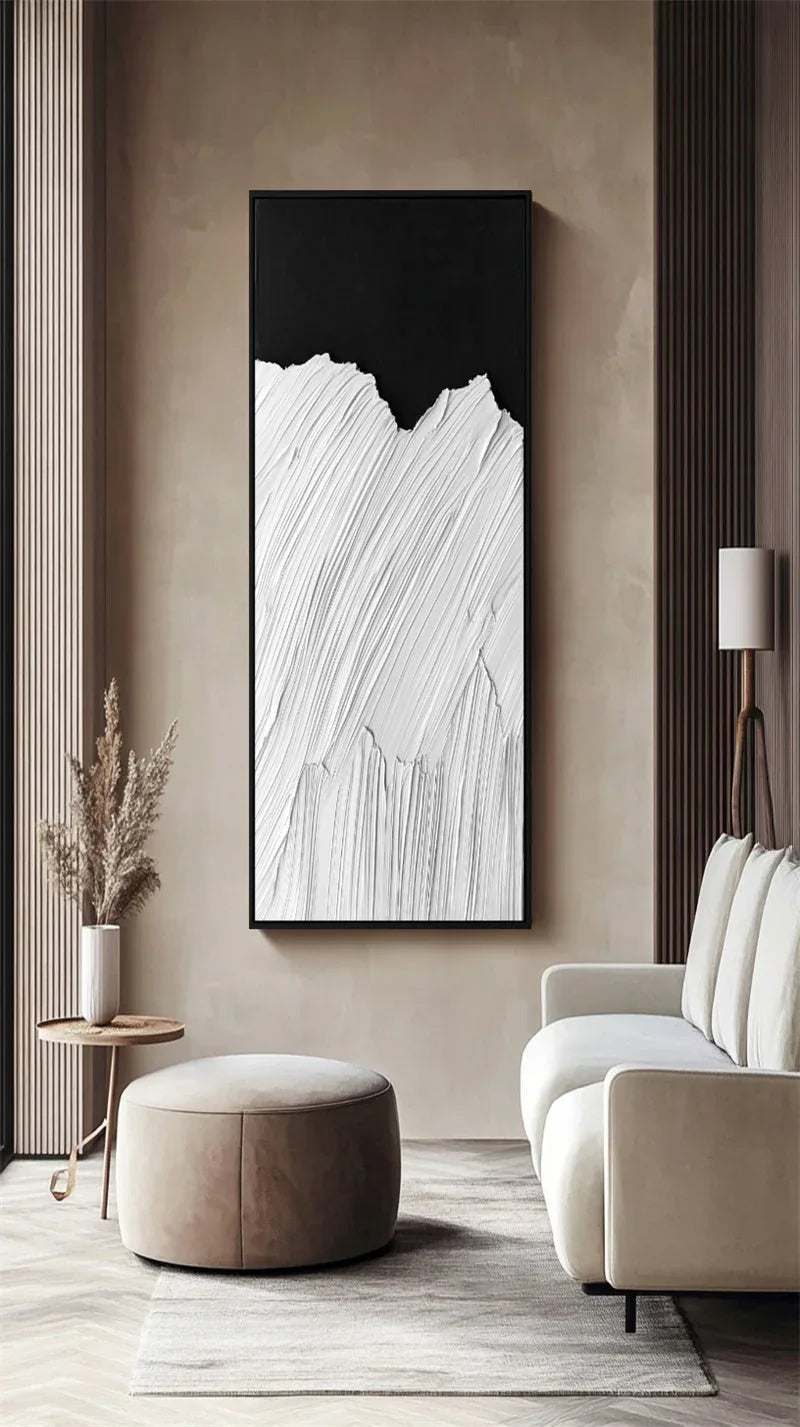 Monochrome Ridge-Minimalist Style Abstract White Mountain Black and White Contrast Oil Painting Wall Art - artextured