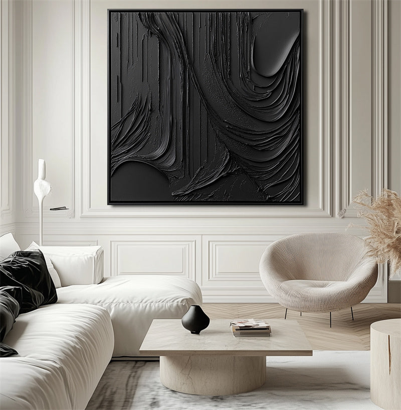 Black Flow Texture-Modern Minimalist Hand Drawn Flowing Ripple Abstract Wall Art
