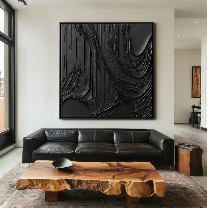 Black Flow Texture-Modern Minimalist Hand Drawn Flowing Ripple Abstract Wall Art - artextured