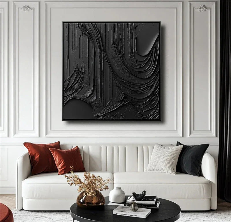 Black Flow Texture-Modern Minimalist Hand Drawn Flowing Ripple Abstract Wall Art - artextured