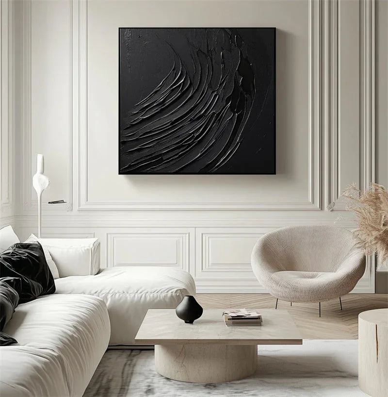 Ebony Flow-Modern Minimalist Three-Dimensional Black Dark Patterned Abstract Wall Art - artextured