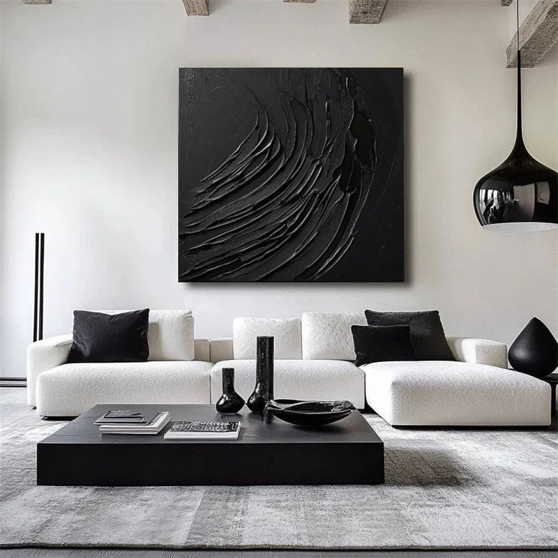 Ebony Flow-Modern Minimalist Three-Dimensional Black Dark Patterned Abstract Wall Art - artextured