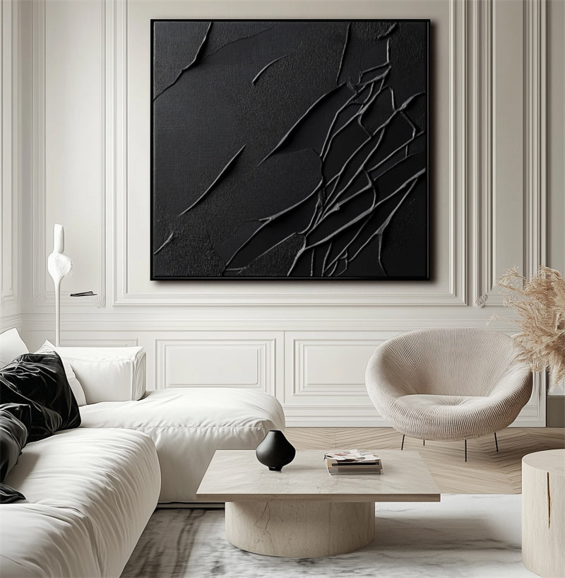 Shadowed Elegance-Hand Drawn Black Tone Abstract Texture Line Fission Oil Painting Wall Art
