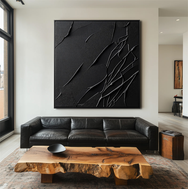 Shadowed Elegance-Hand Drawn Black Tone Abstract Texture Line Fission Oil Painting Wall Art