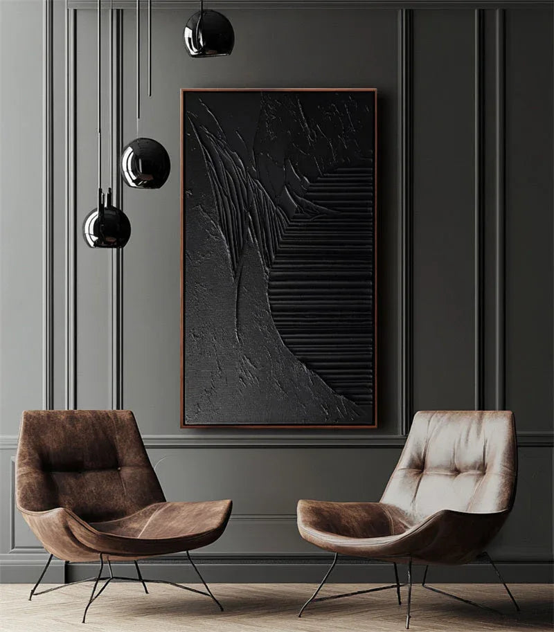 Ebony Horizon Abstract Art-Black Three-Dimensional Texture Abstract Wall Art With Curved Stripes - artextured