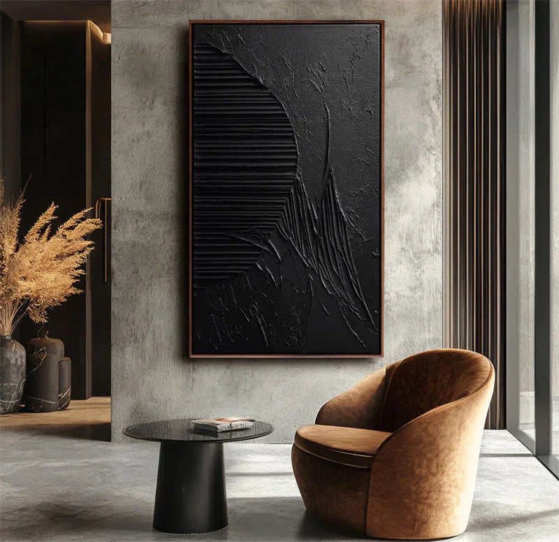 Ebony Horizon Abstract Art-Black Three-Dimensional Texture Abstract Wall Art With Curved Stripes - artextured
