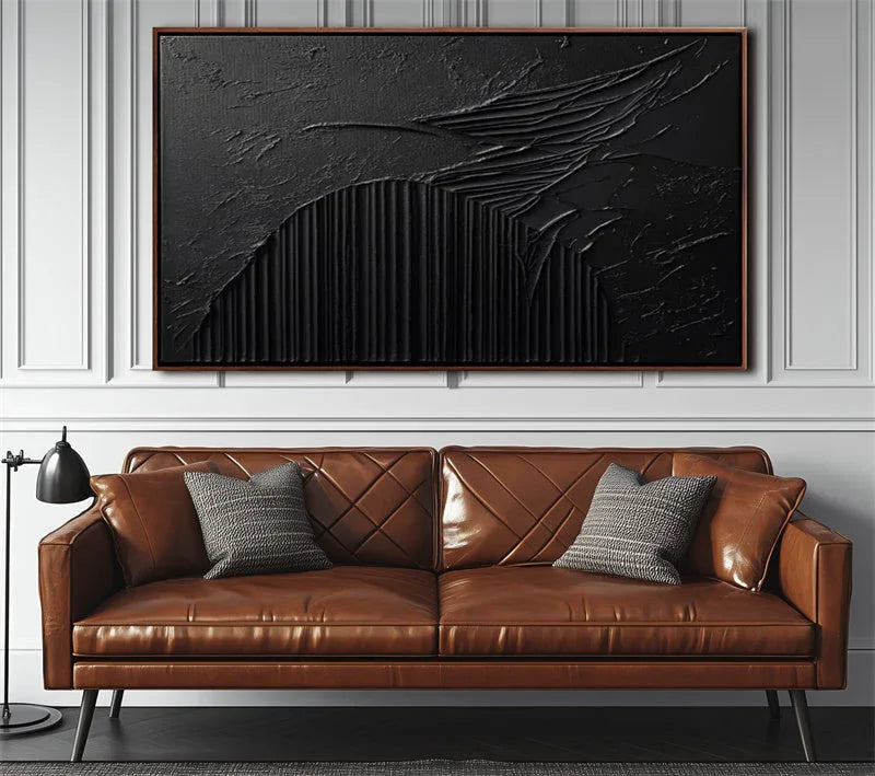 Ebony Horizon Abstract Art-Black Three-Dimensional Texture Abstract Wall Art With Curved Stripes - artextured