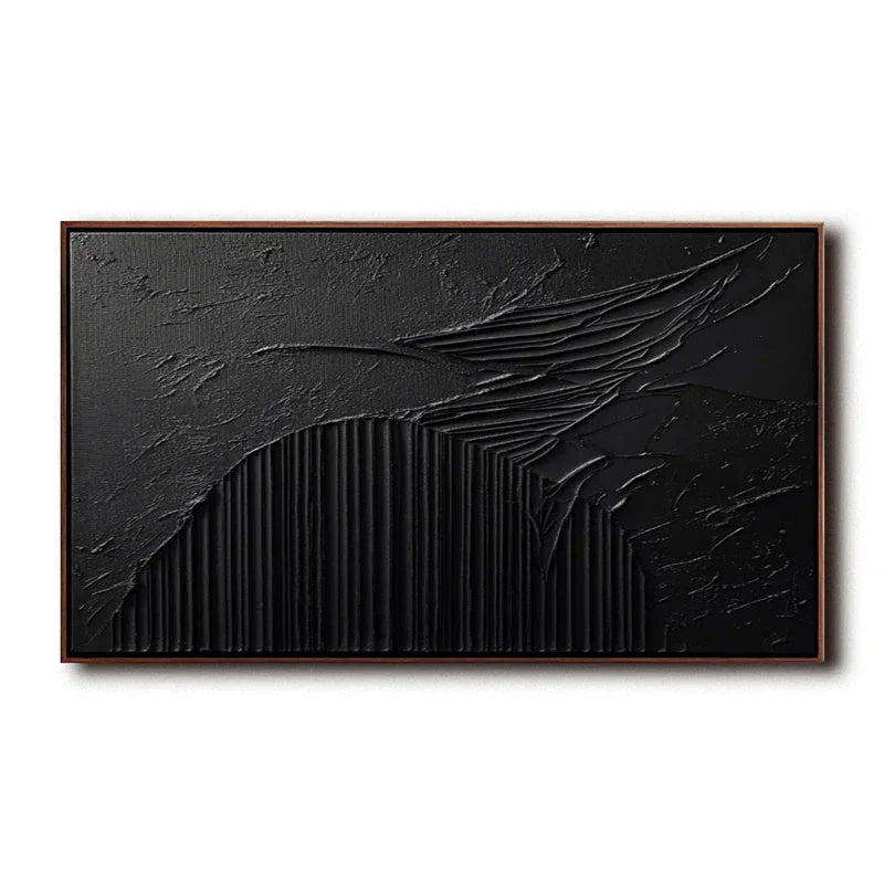 Ebony Horizon Abstract Art-Black Three-Dimensional Texture Abstract Wall Art With Curved Stripes - artextured