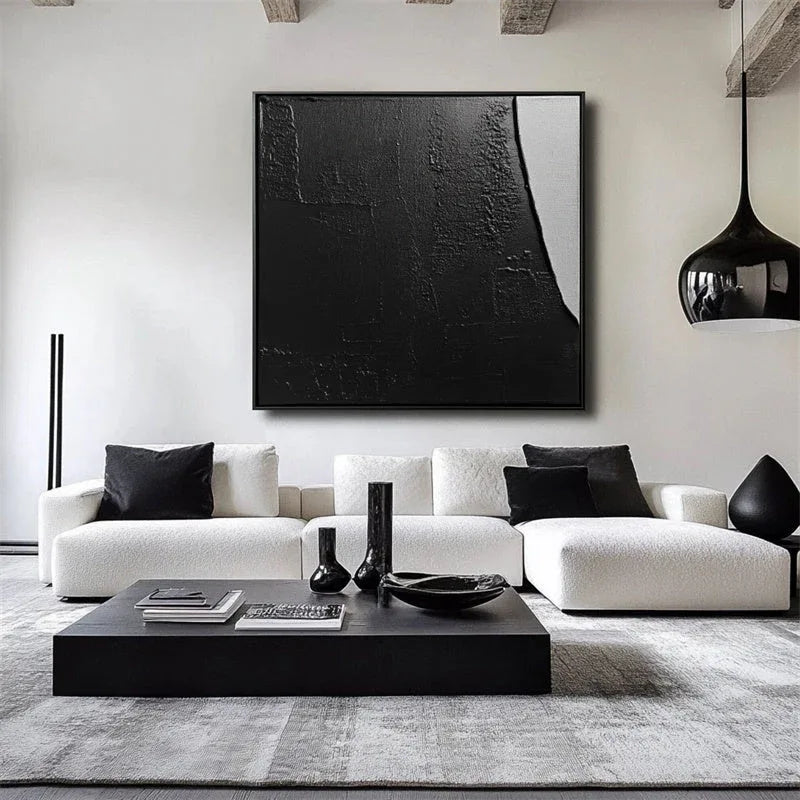 Eclipse in Shadow-Modern Minimalist Black and White Color Block Texture Abstract Wall Art - artextured