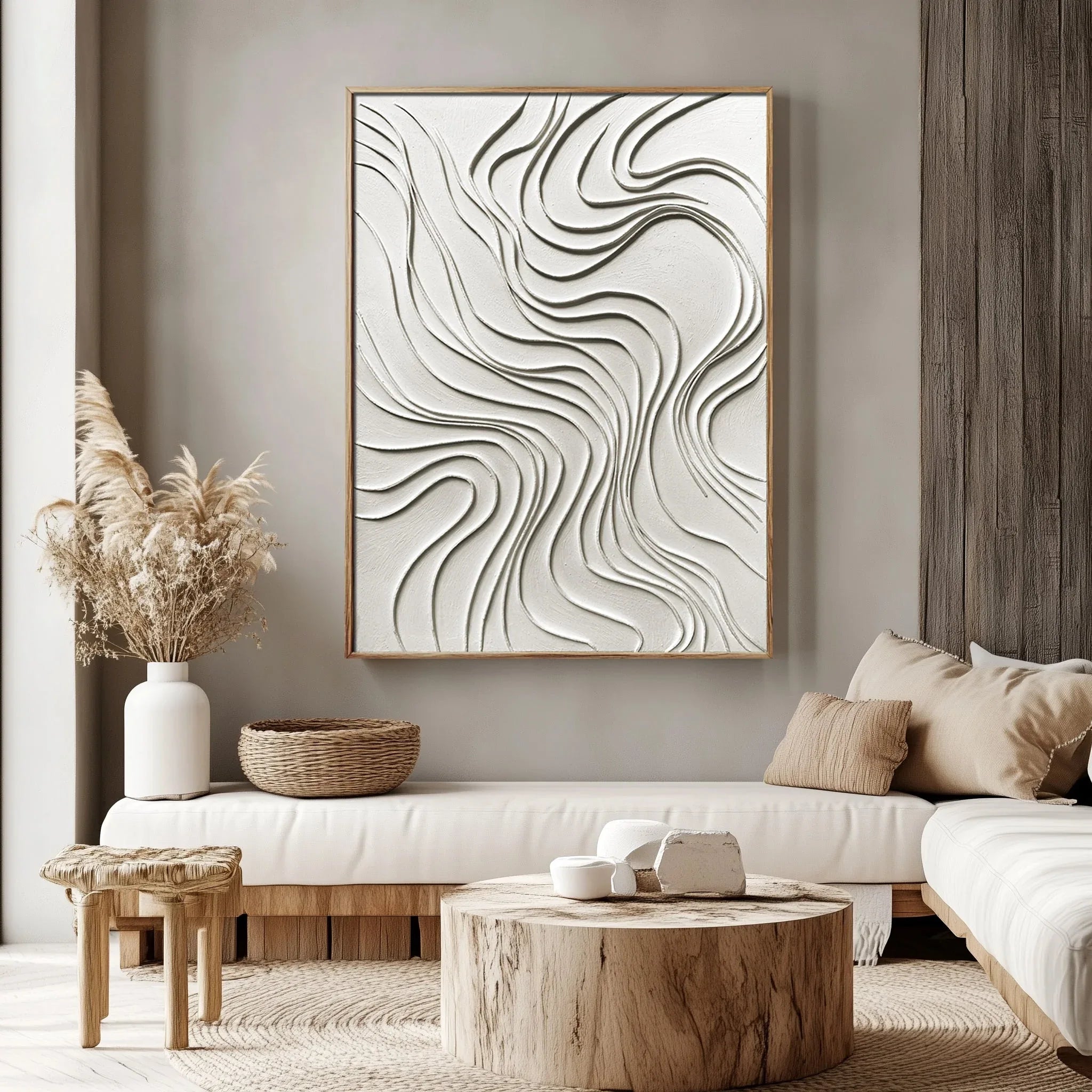 Flowing Serenity Wall Art-Modern Minimalist Geometric Beige Flowing Wave Texture Oil Painting Wall Art - artextured