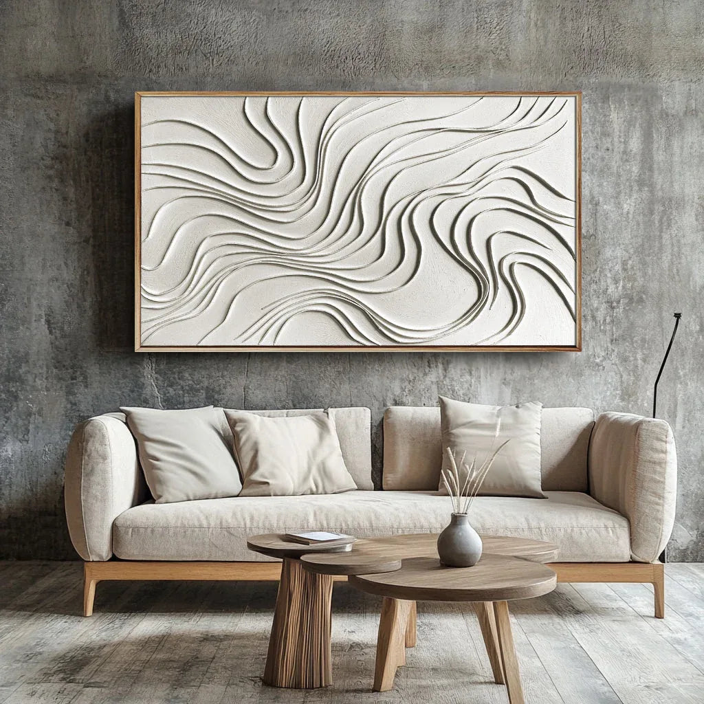 Flowing Serenity Wall Art-Modern Minimalist Geometric Beige Flowing Wave Texture Oil Painting Wall Art - artextured