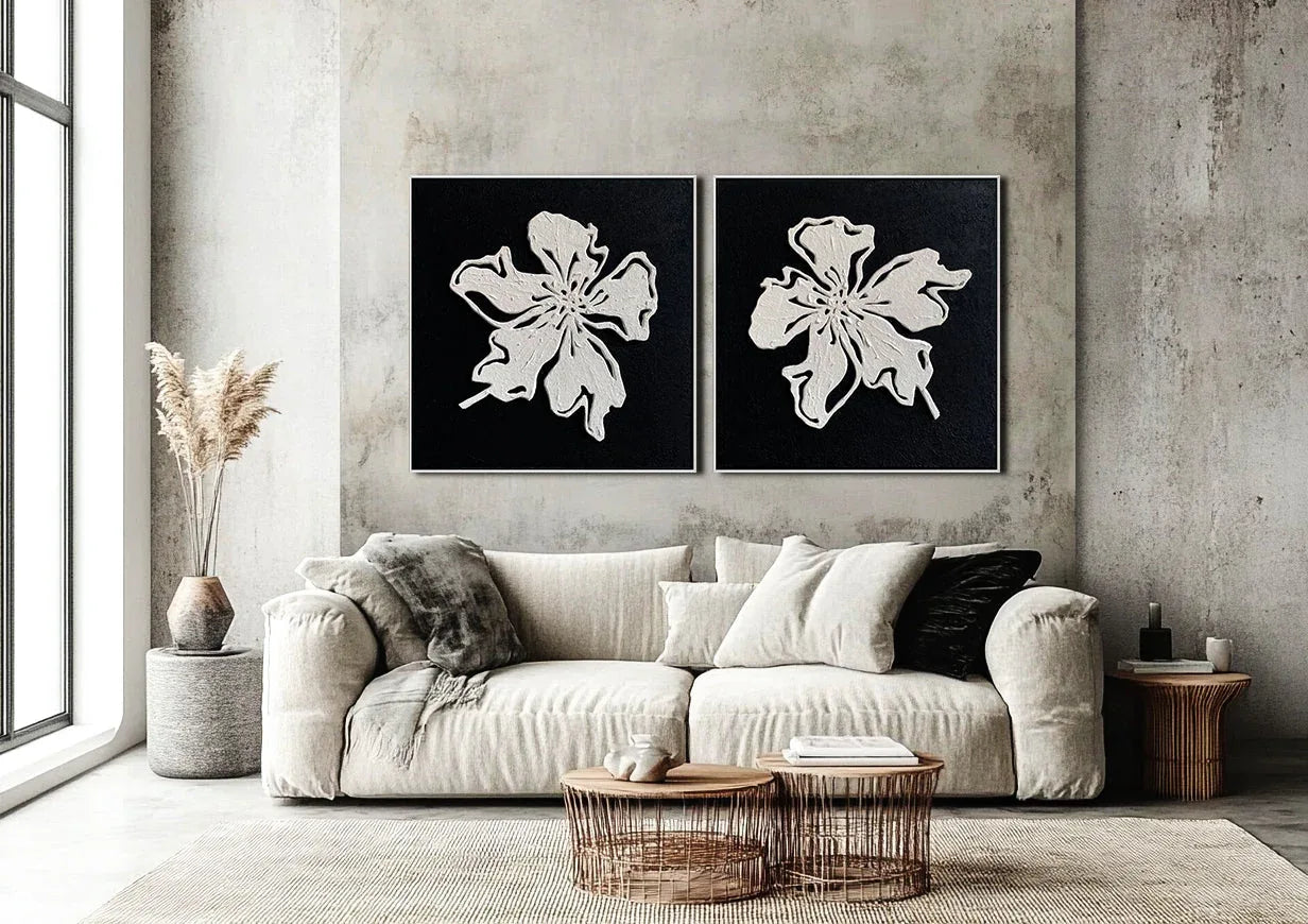 Floral Elegance Diptych Art-Double Minimalist and Three-Dimensional Black and White Floral Texture Wall Art - artextured