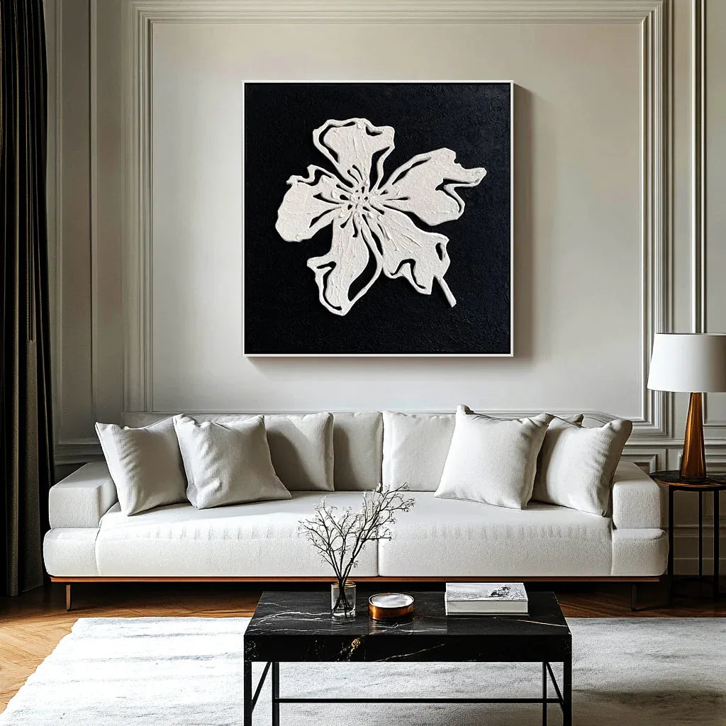 Floral Elegance Diptych Art-Double Minimalist and Three-Dimensional Black and White Floral Texture Wall Art - artextured