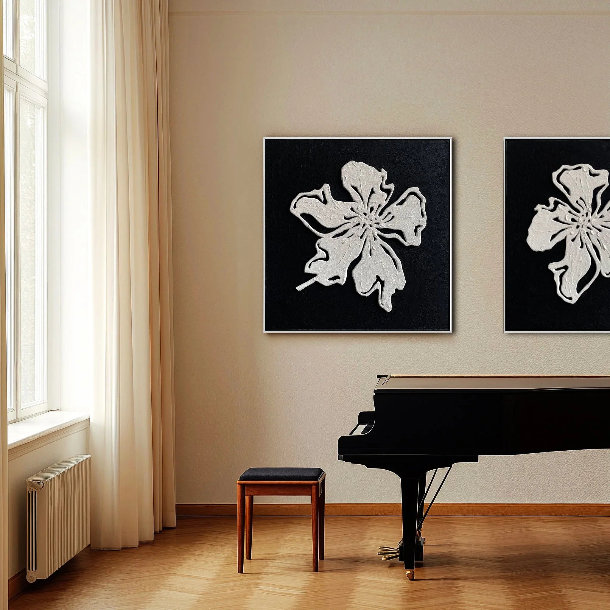 Floral Elegance Diptych Art-Double Minimalist and Three-Dimensional Black and White Floral Texture Wall Art - artextured