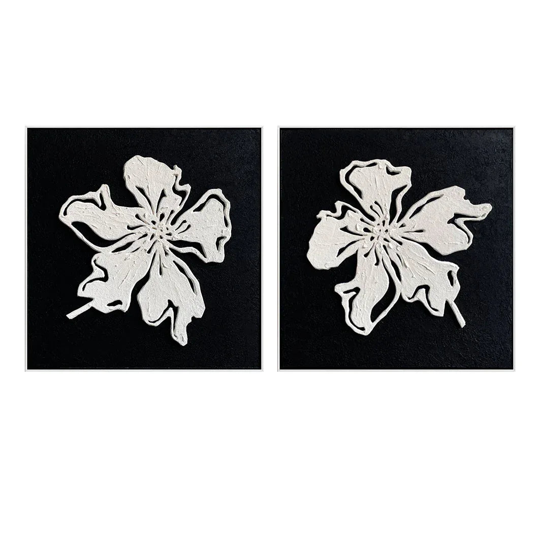 Floral Elegance Diptych Art-Double Minimalist and Three-Dimensional Black and White Floral Texture Wall Art - artextured