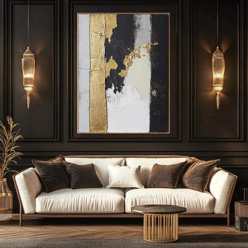 Gold Stripe Abstract Art-Gold Foil Texture Modern Abstract Oil Painting Wall Art - artextured