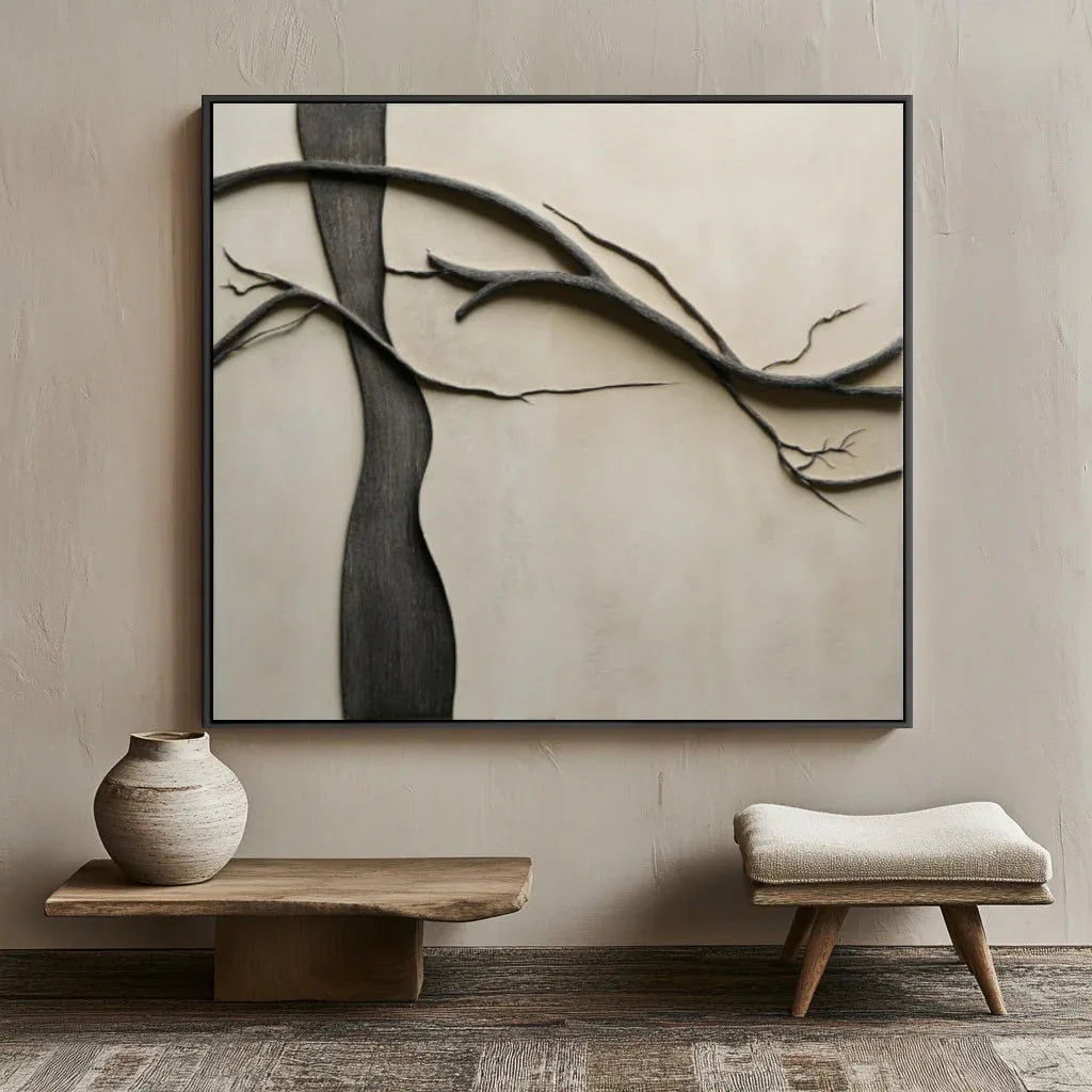 Whispering Branches - The Extremely Simple Wabi Sabi Style Oil Painting Wall Art of Natural Tree Branches - artextured