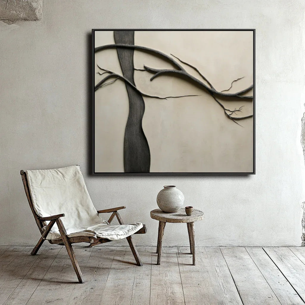 Whispering Branches - The Extremely Simple Wabi Sabi Style Oil Painting Wall Art of Natural Tree Branches - artextured