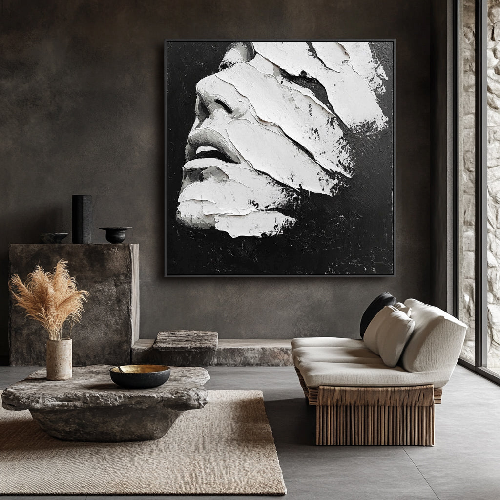 Textured Abstract Face Art-Modern Minimalist Black and White Abstract Portrait Oil Painting Wall Art