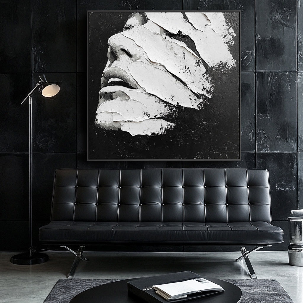 Textured Abstract Face Art-Modern Minimalist Black and White Abstract Portrait Oil Painting Wall Art