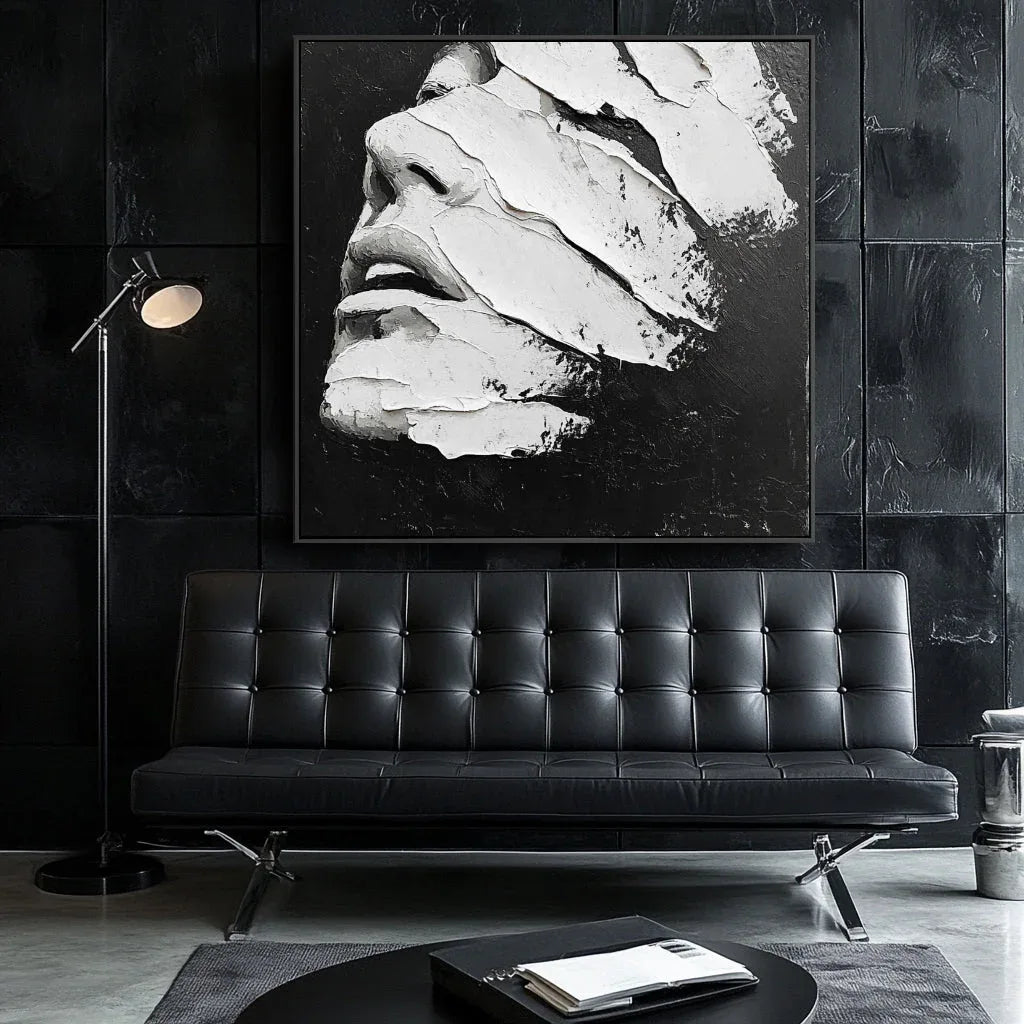 Textured Abstract Face Art-Modern Minimalist Black and White Abstract Portrait Oil Painting Wall Art - artextured