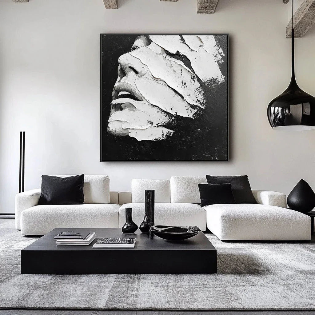 Textured Abstract Face Art-Modern Minimalist Black and White Abstract Portrait Oil Painting Wall Art - artextured