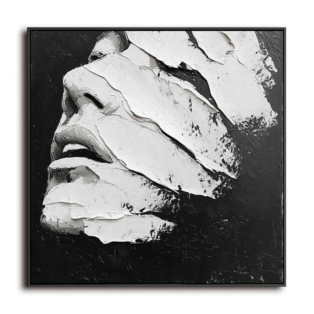 Textured Abstract Face Art-Modern Minimalist Black and White Abstract Portrait Oil Painting Wall Art