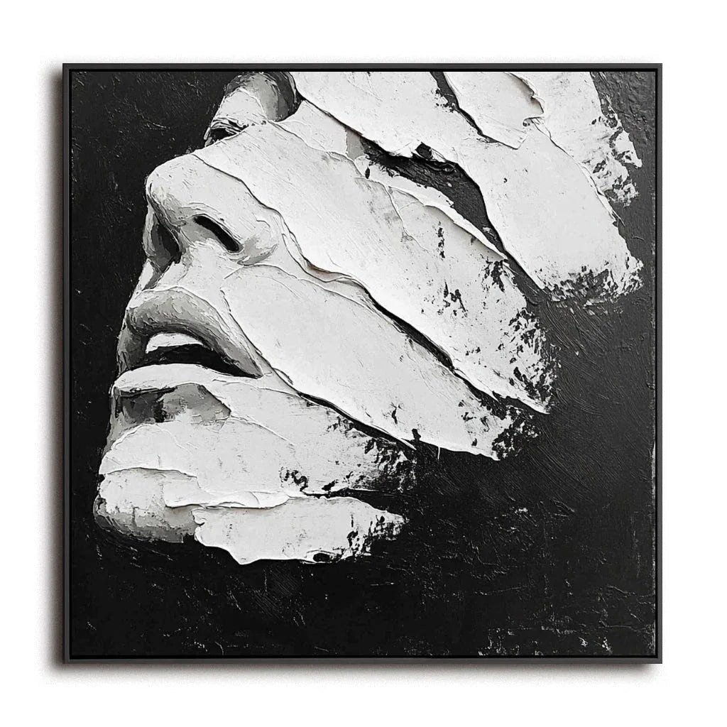 Textured Abstract Face Art-Modern Minimalist Black and White Abstract Portrait Oil Painting Wall Art - artextured