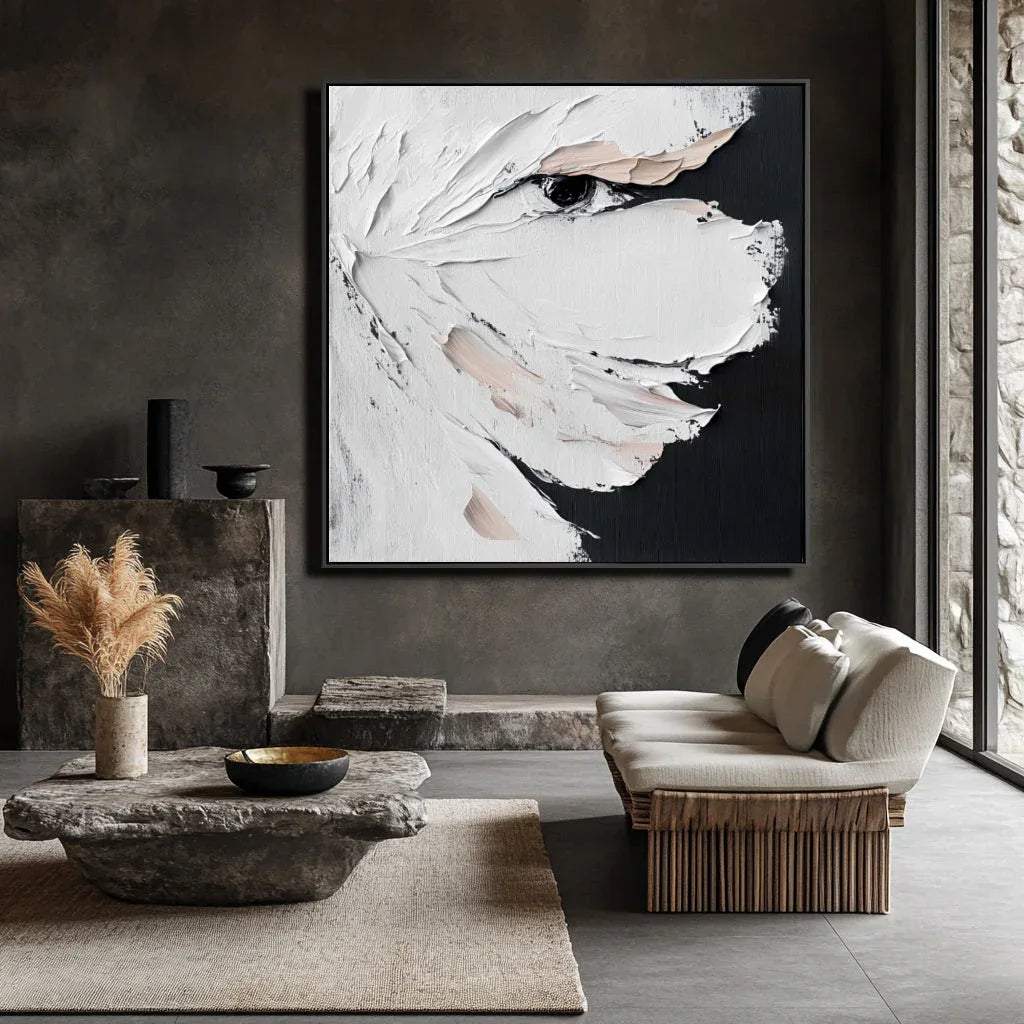Veiled Reflection - Dialogue between Black and White Minimalism and Realistic Eyes in Abstract Wall Art - artextured