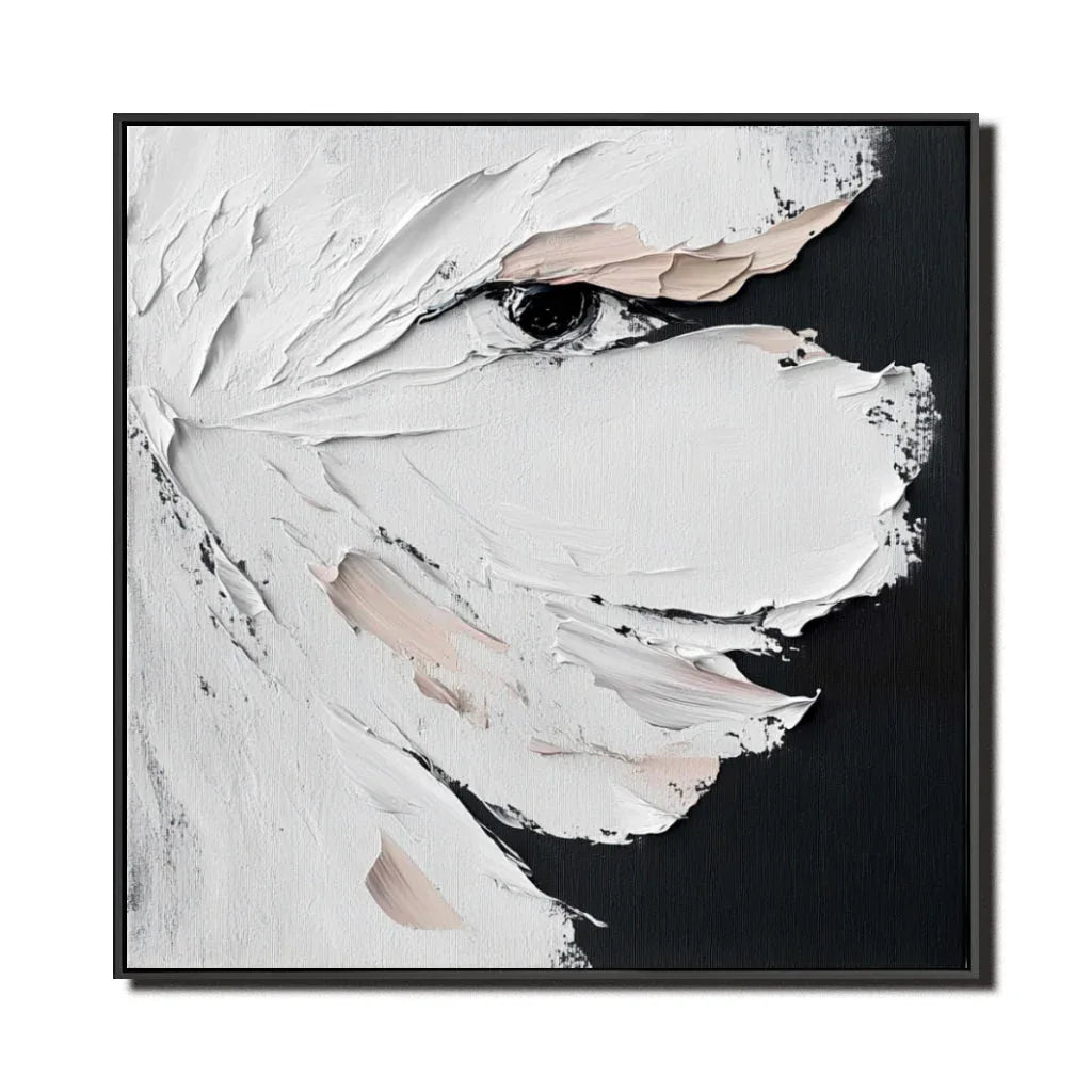 Veiled Reflection - Dialogue between Black and White Minimalism and Realistic Eyes in Abstract Wall Art - artextured