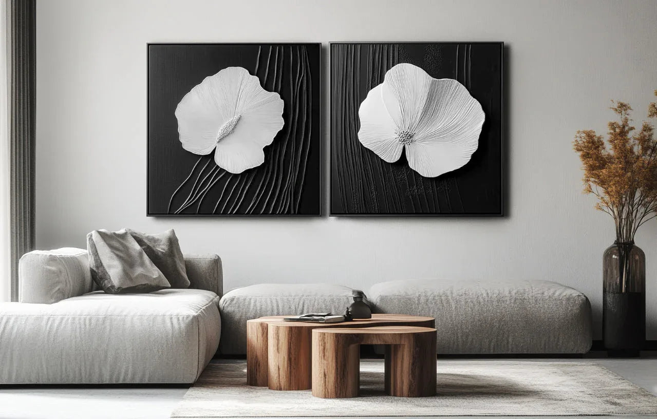 Petal Poise Wall Canvas Set-Modern Minimalist Double-Sided Three-Dimensional Floral Texture Wall Art - artextured