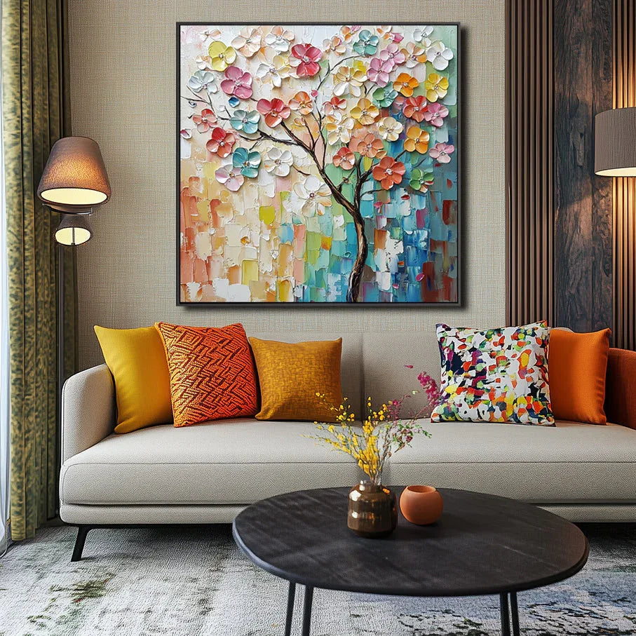 Vibrant Blooming Tree-3D Hand Drawn Color Texture Flowers and Trees Abstract Oil Painting Wall Art - artextured