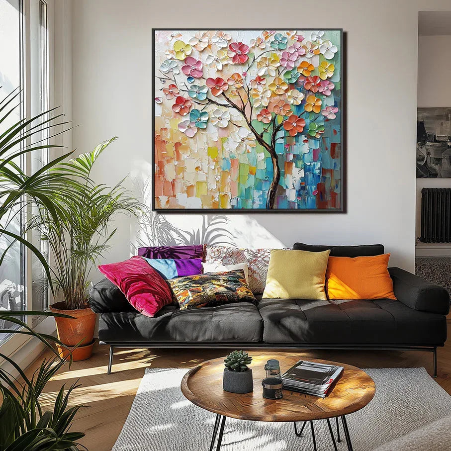 Vibrant Blooming Tree-3D Hand Drawn Color Texture Flowers and Trees Abstract Oil Painting Wall Art - artextured